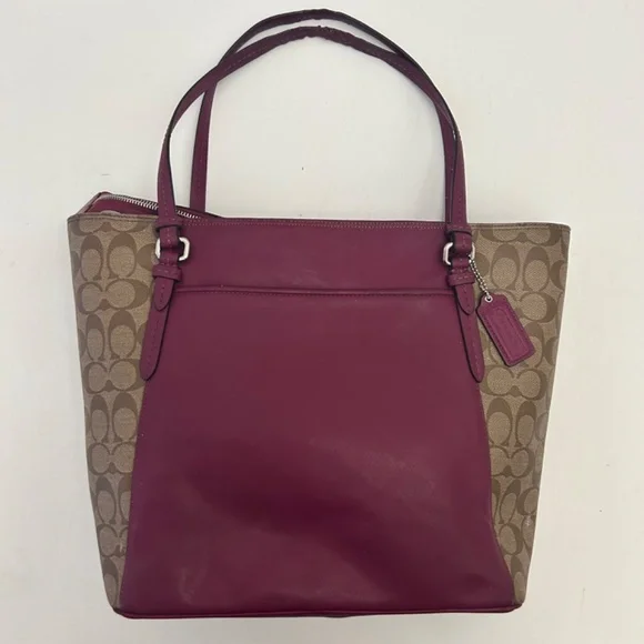Coach Peyton Leather Zip Top Tote Berry w/ contrasting Signature “C” side panels - Picture 3 of 14